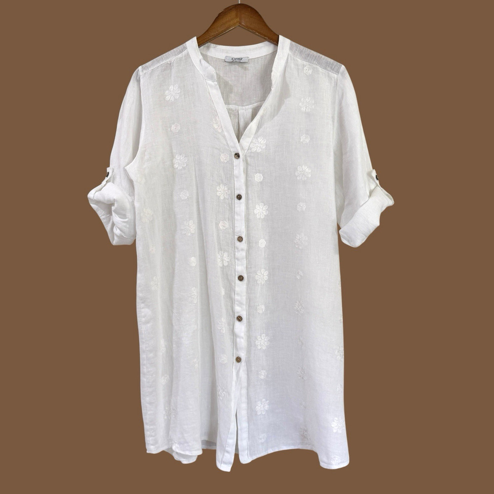 Rosemarine White Floral Embroidered Linen Tunic Shirt M Roll-Tab Made In Italy